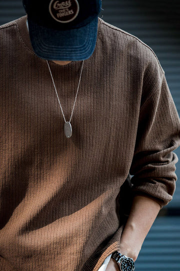 Men's Dark Brown Waffle Loose Fit Pullover Sweatshirt